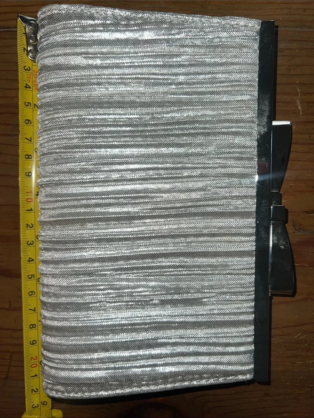 Vintage Metallic Silver Pleated Evening Clutch with Bow Clasp
